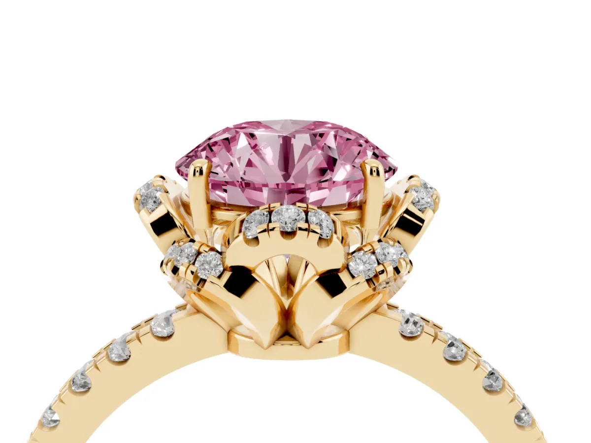 Fancy Pink Round Cut Diamond Halo Pave Band with Four-Prong Setting Yellow gold