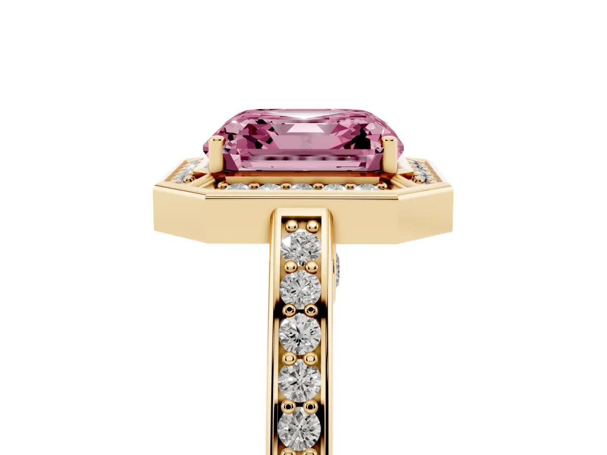 Fancy Pink Asscher Cut Cut Halo Pave Split Shank Prong Setting Ring Yellow gold