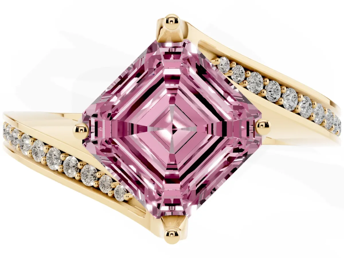 Fancy Pink Asscher Cut Solitaire Diamond Twist Band with Pavé Setting and Four-Prong Setting Yellow gold