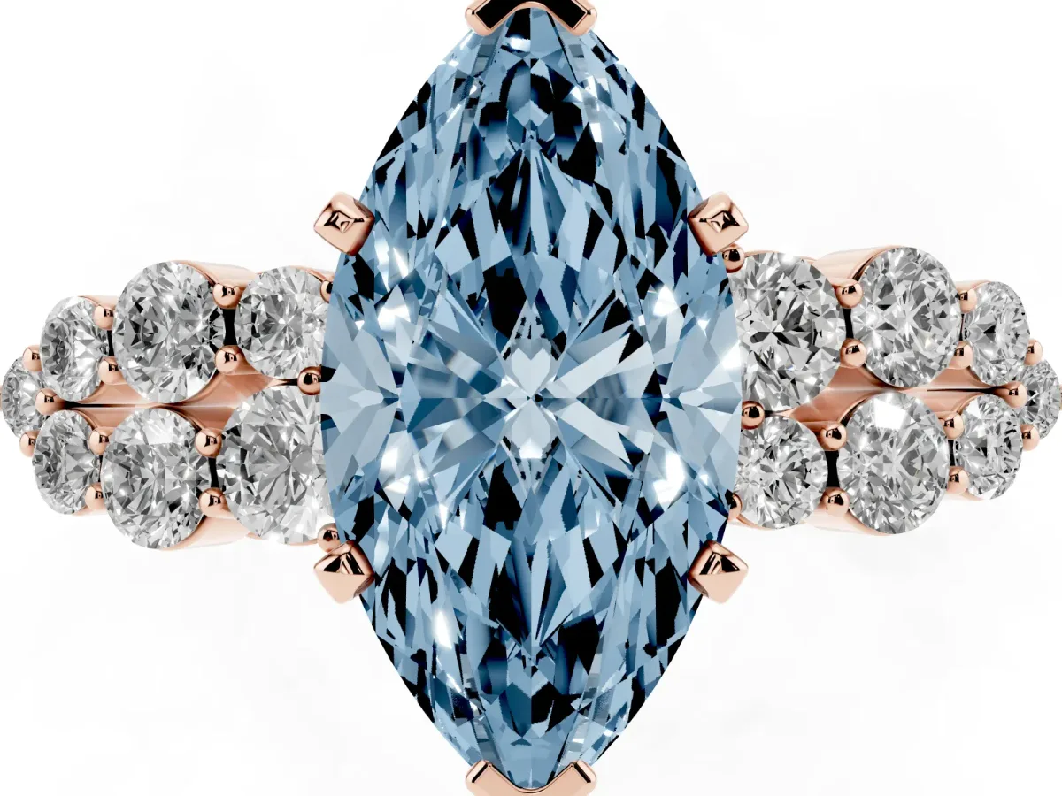 Fancy Blue Marquise Cut Cluster Diamond Engagement Ring with Pavé Band and Four-Prong Setting Rose gold