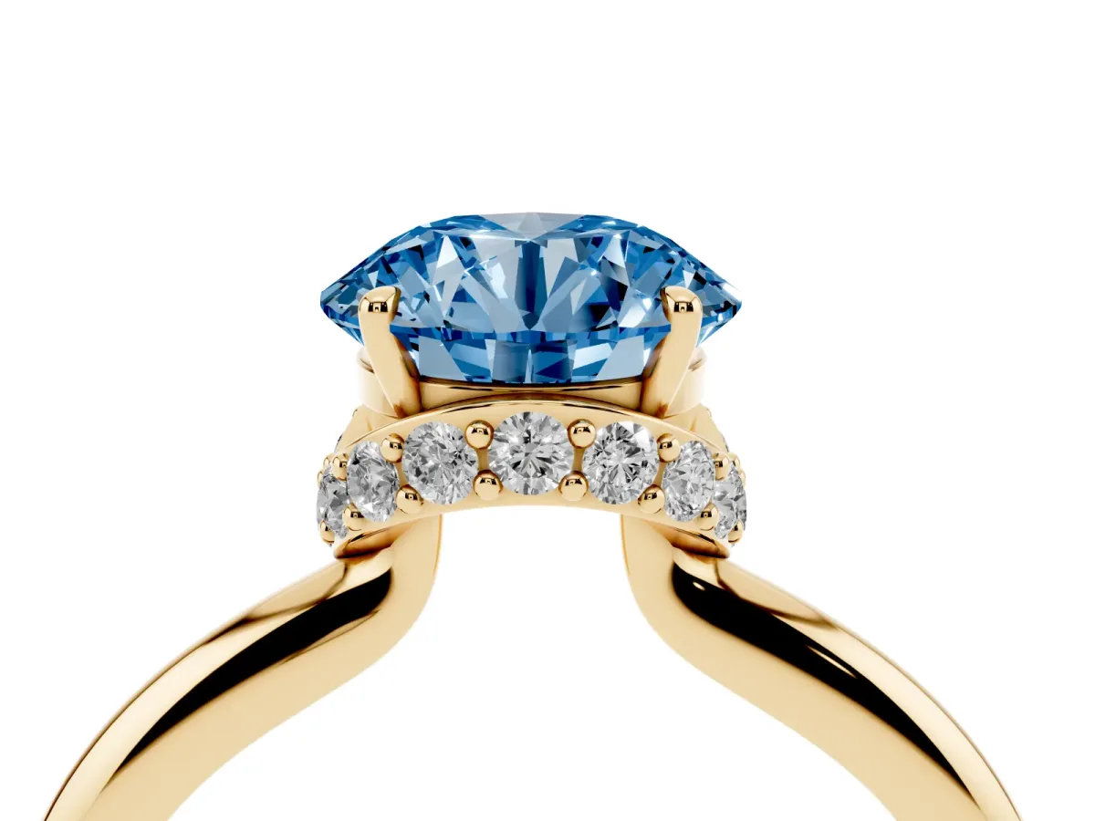 Fancy Blue Round Cut Brilliant Solitaire Engagement Ring with Six-Prong Setting and Classic Band Yellow gold