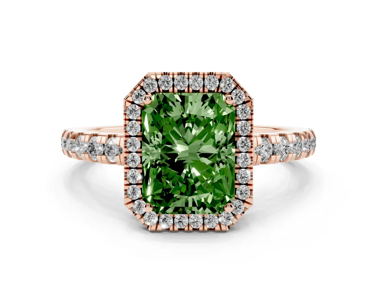 Fancy Green Radiant Cut Diamond Halo Ring with Pavé Band and Four-Prong Setting Rose gold