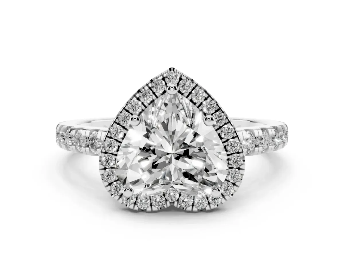 Heart Cut Diamond Halo Ring with Pavé Band and Four-Prong Setting White gold