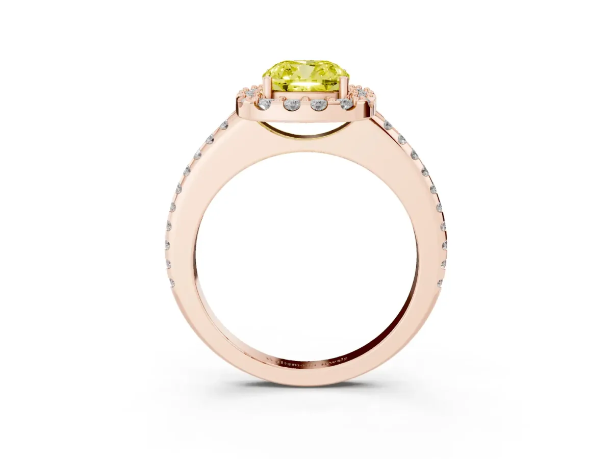 Fancy Yellow Cushion Cut Diamond Pavé Halo Ring with Four-Prong Setting Rose gold