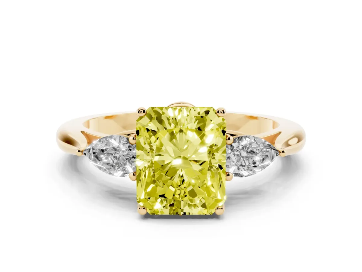 Fancy Yellow Three-Stone Radiant Cut Brilliant Diamond Solitaire Ring with Tapered Band and Four-Prong Setting Yellow gold