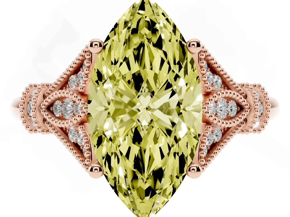 Fancy Yellow Marquise Cut Diamond Solitaire Ring with Floral Filigree and Pave Accents Rose gold