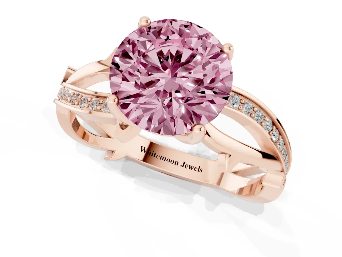 Fancy Pink Round Cut Solitaire Twist Band with Pavé Accents and Four-Prong Setting Rose gold