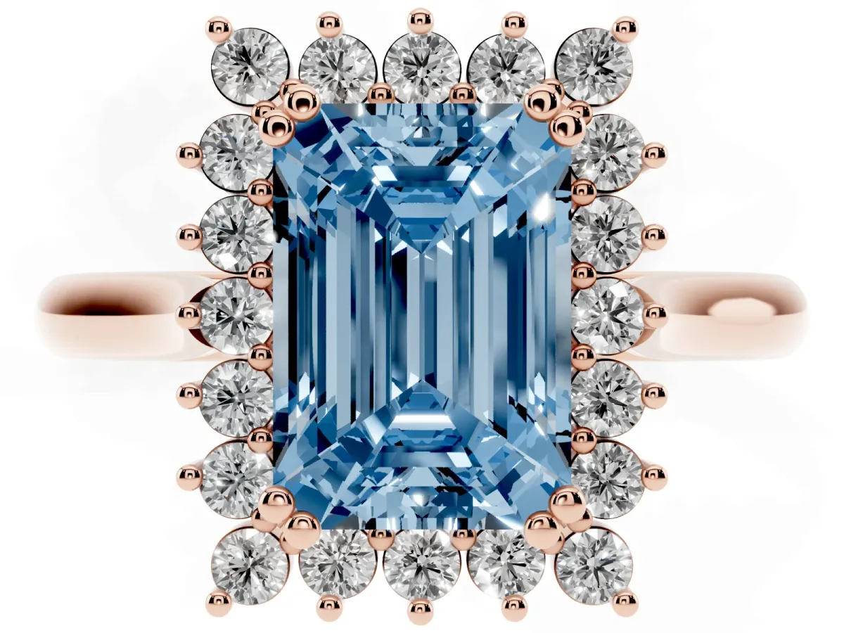 Fancy Blue Emerald Cut Cut Diamond Halo Ring with Solitaire Band and Prong Setting Rose gold