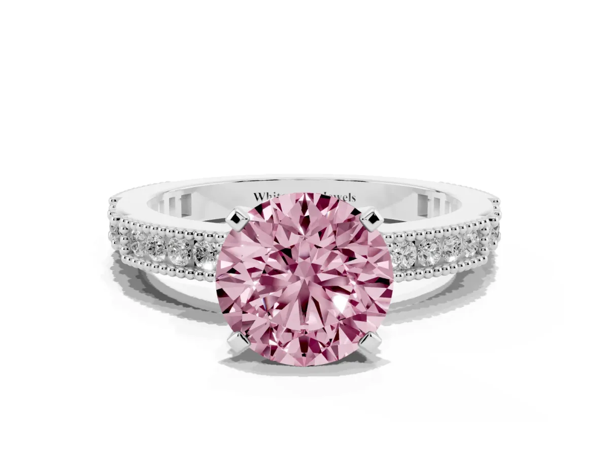 Fancy Pink Round Cut Solitaire with Pavé Band and Four-Prong Setting Silver