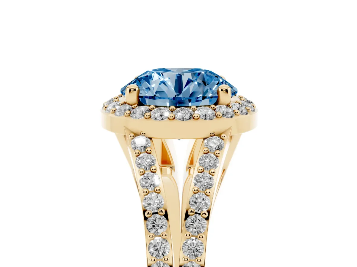 Fancy Blue Round Cut Halo Split Shank Diamond Ring with Prong Setting Yellow gold