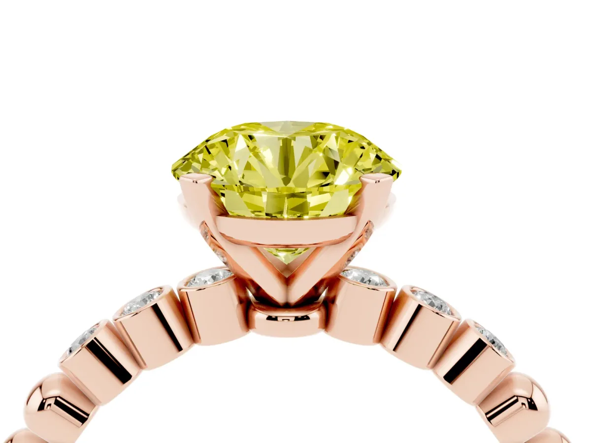 Fancy Yellow Round Cut Solitaire Bezel Accent Diamond Engagement Ring with Beaded Band and Four-Prong Setting Rose gold
