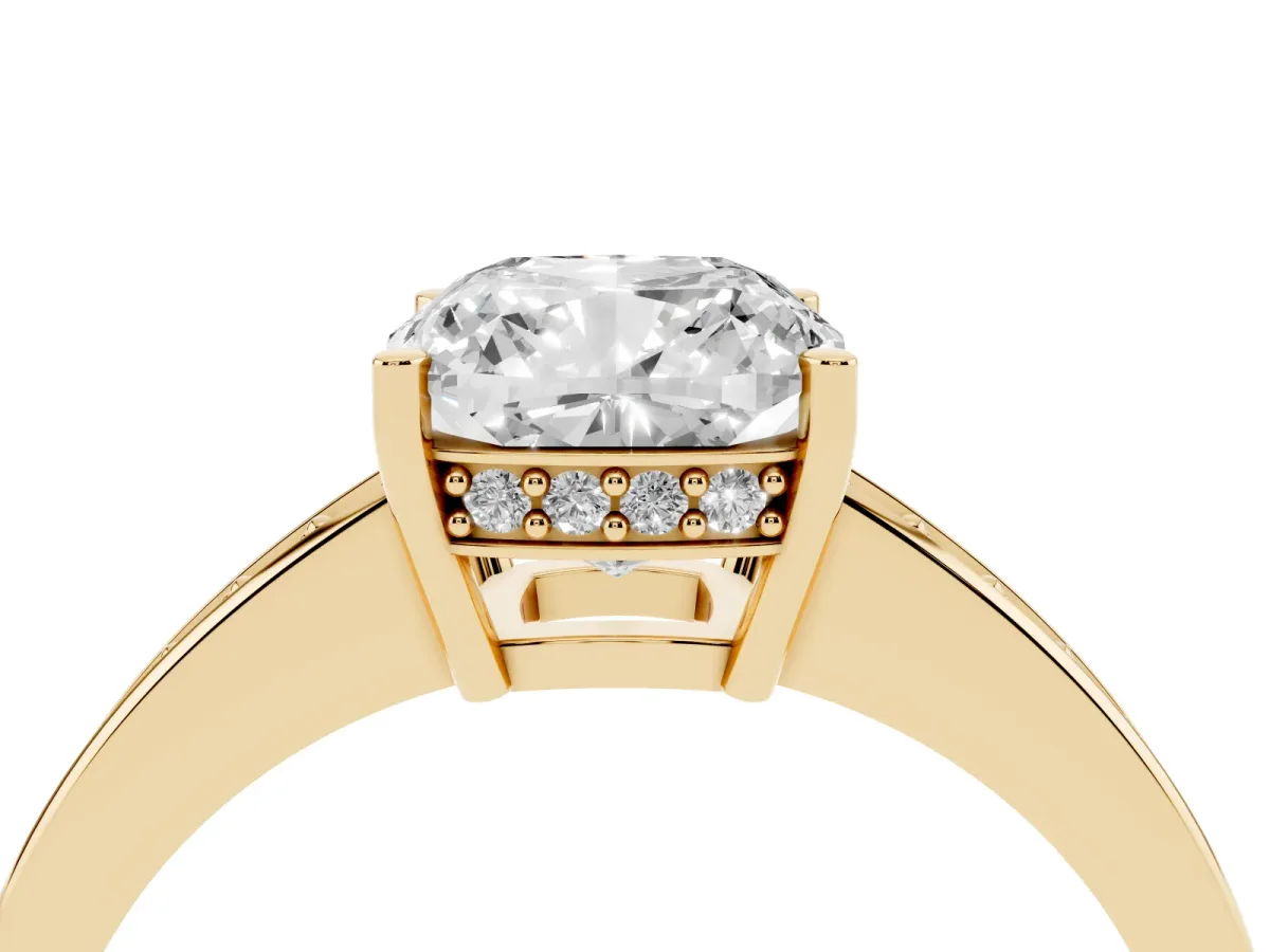 Cushion Cut Solitaire Pavé Band Prong Setting Ring Yellow gold