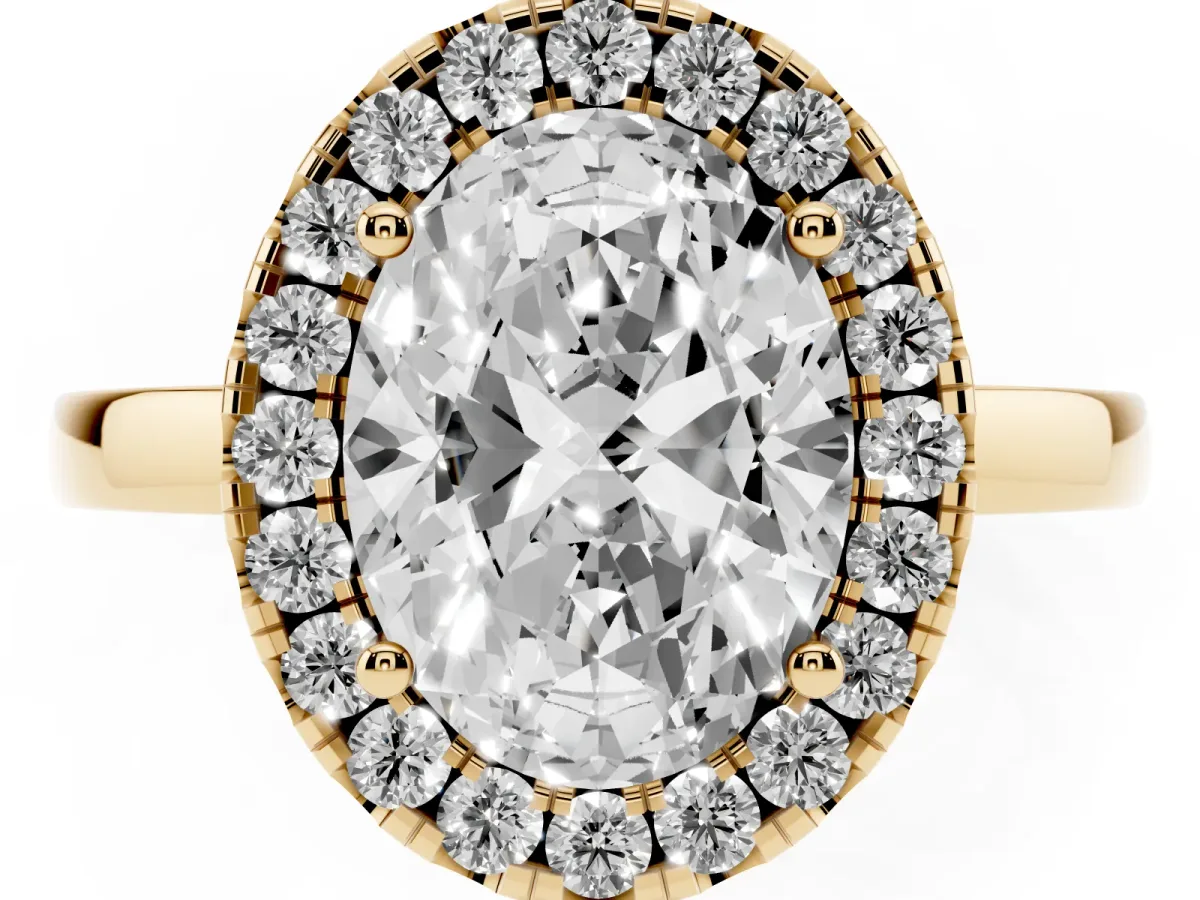 Oval Cut Halo Diamond Solitaire with Pavé Band and Four-Prong Setting Yellow gold