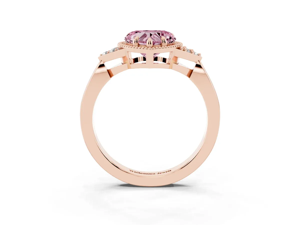 Fancy Pink Milgrain Heart Cut Cut Diamond Ring with Tapered Pave Band and Four Prong Setting Rose gold