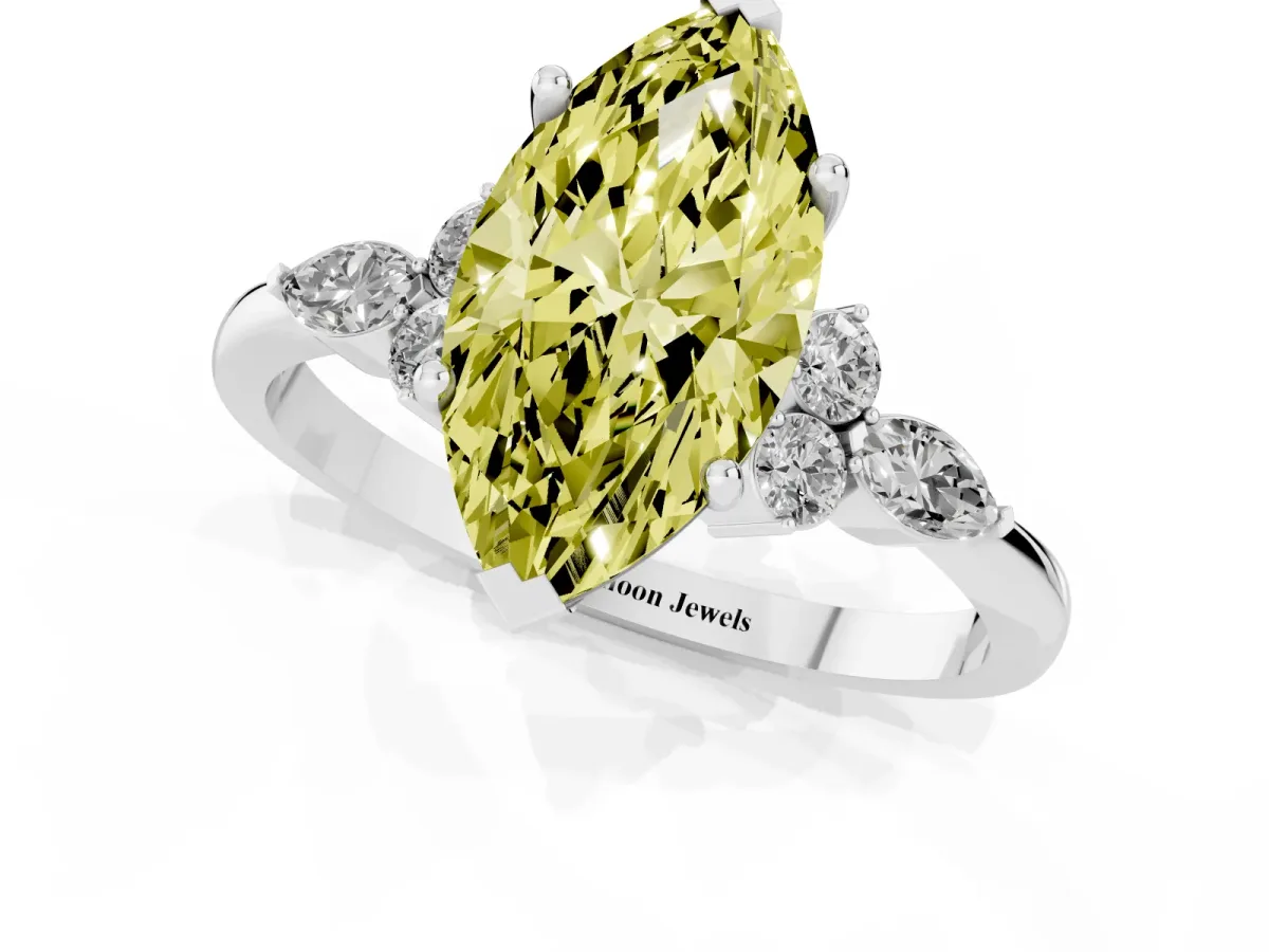 Fancy Yellow Marquise Cut Brilliant Diamond Solitaire Ring with Pear Side Stones and Four-Prong Setting White gold