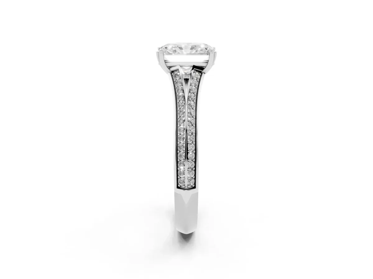 Radiant Cut Diamond Split Shank Engagement Ring with Pavé Band White gold