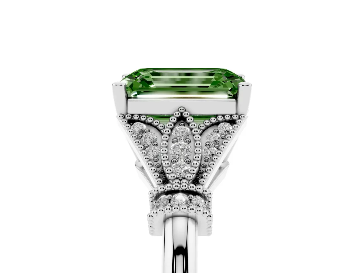 Fancy Green Emerald Cut Diamond Solitaire Ring with Floral Filigree and Pave Accents Silver