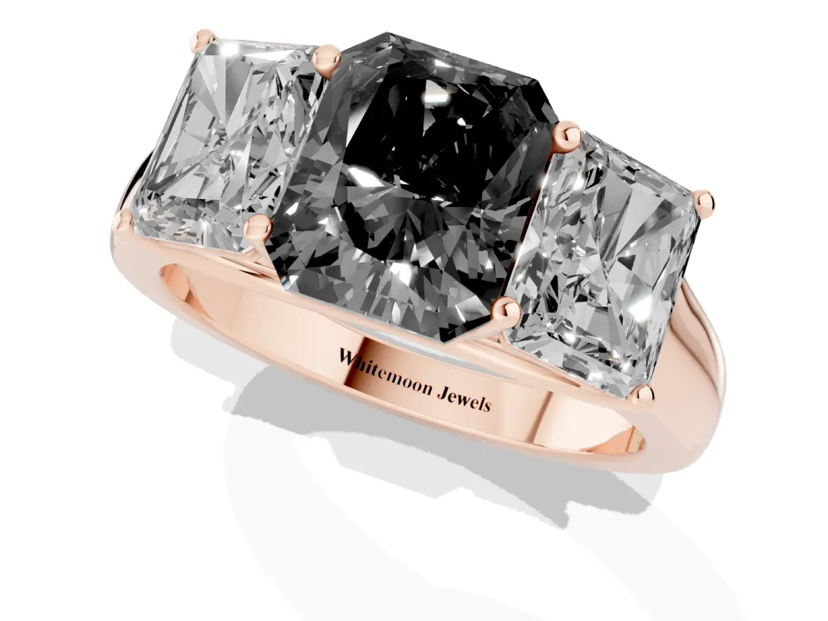 Fancy Black Radiant Cut Three-Stone Diamond Ring with Prong Setting on a Classic Band Rose gold