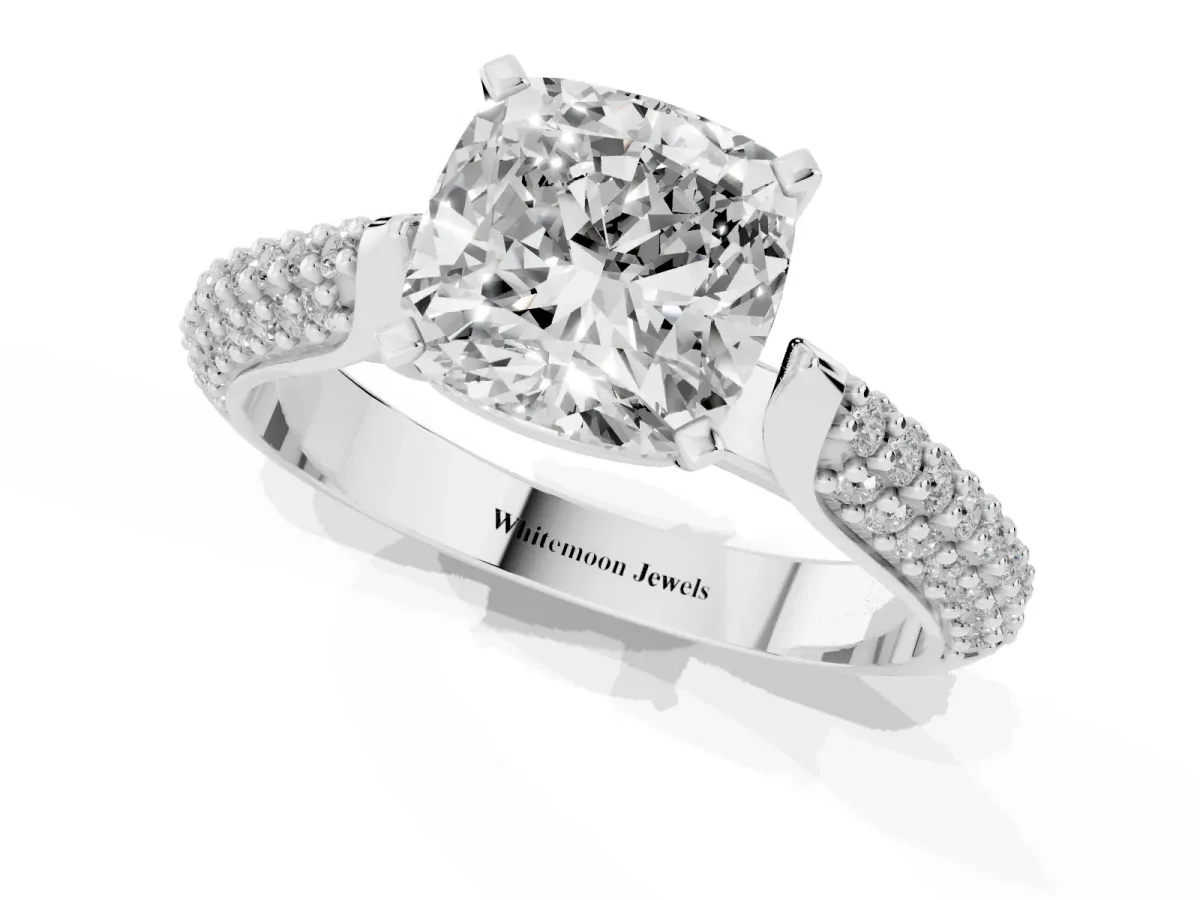 Cushion Cut Diamond Solitaire Engagement Ring with Multi-Row Round Pavé Band and Prong Setting Silver