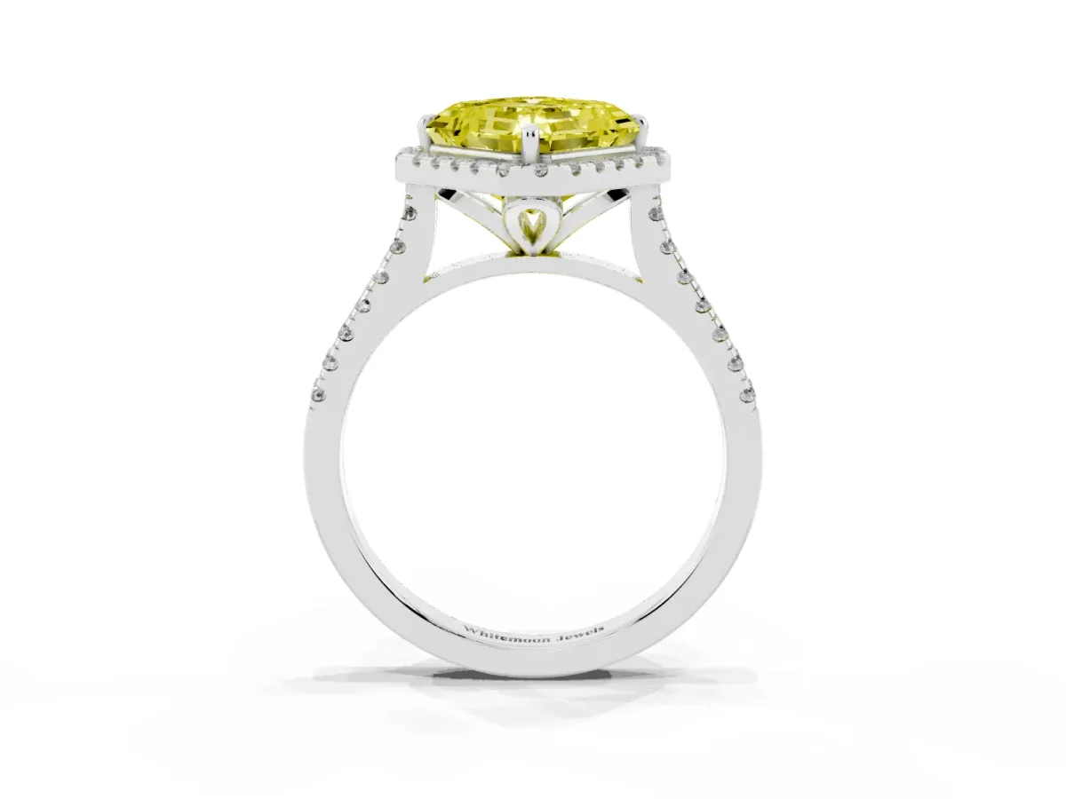 Fancy Yellow Asscher Cut Diamond Cushion Halo Ring with Pavé Band Silver