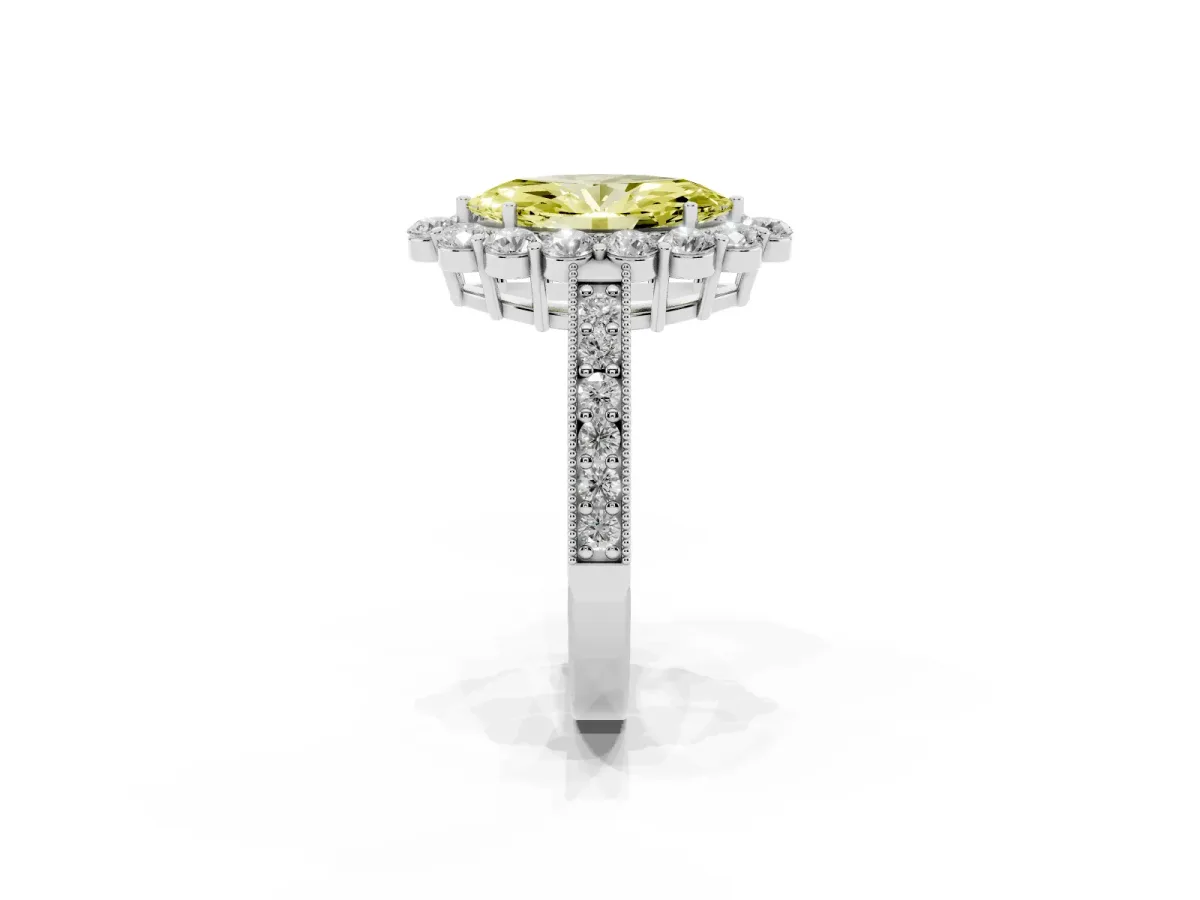 Fancy Yellow Marquise Cut Cut Halo Diamond Pavé Engagement Ring with Milgrain Detailing White gold