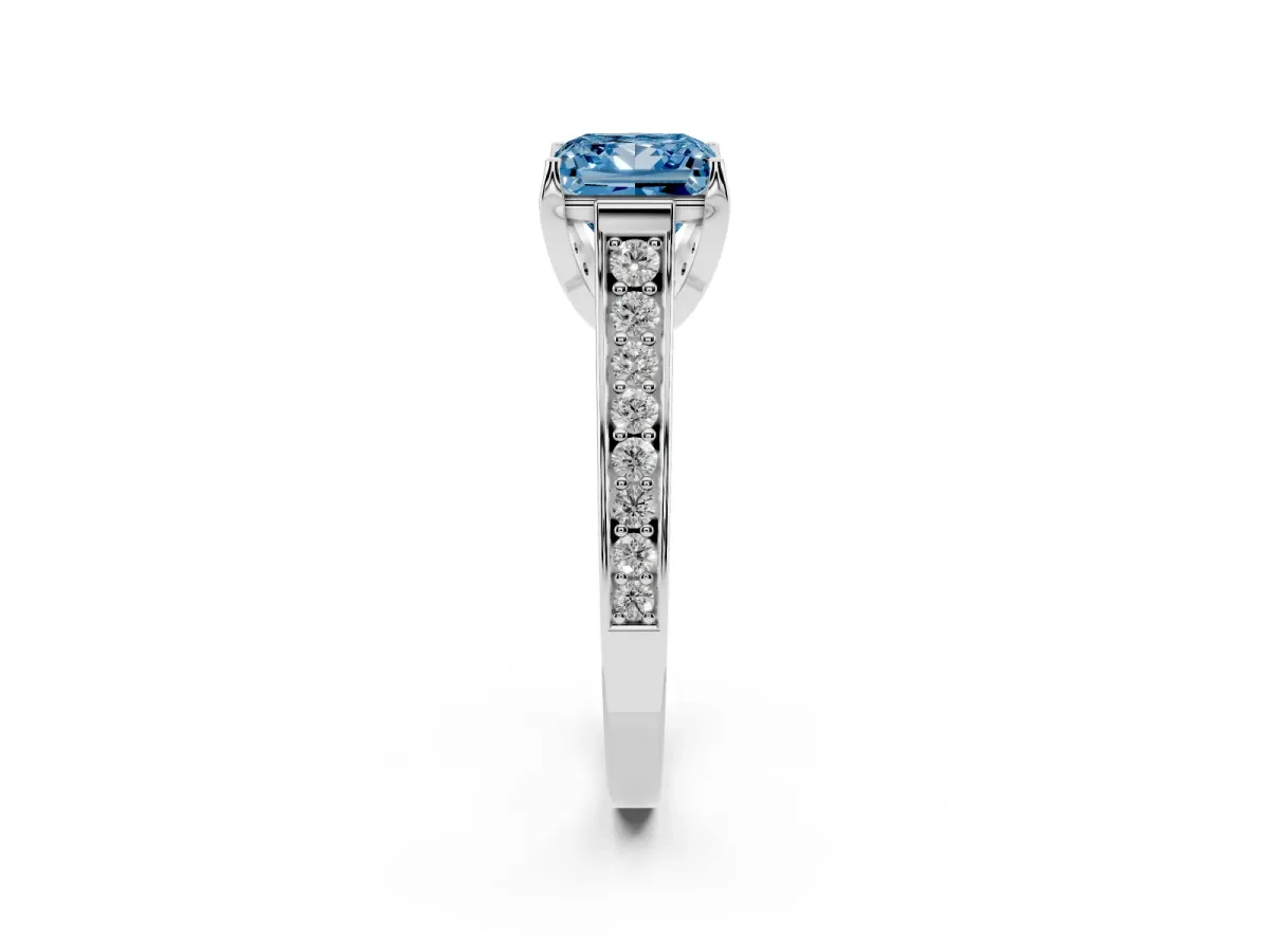Fancy Blue Princess Cut Brilliant Cut Diamond Engagement Ring with Pavé Band and Four-Prong Setting Platinum