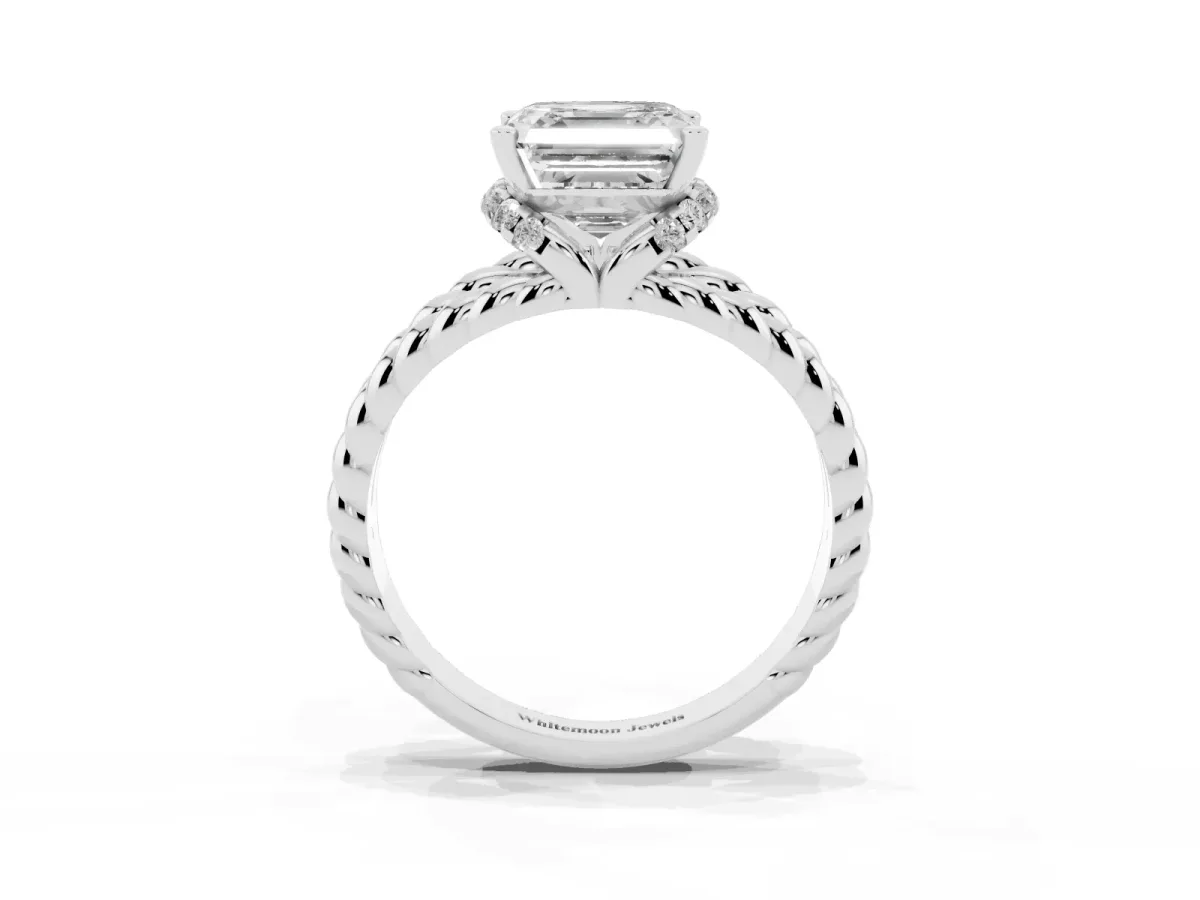 Asscher Cut Halo Twisted Band Four-Prong Ring Silver