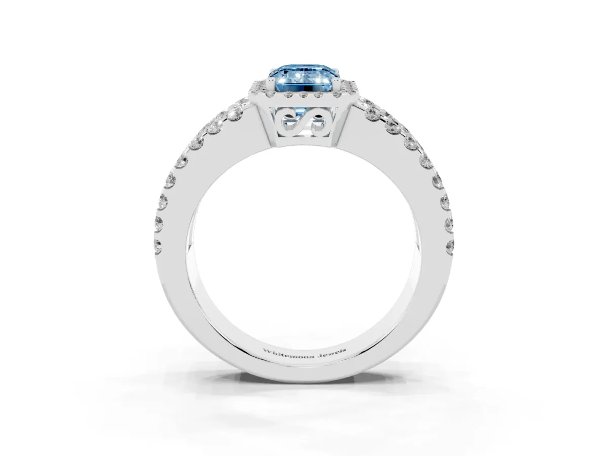Fancy Blue Emerald Cut Cut Halo Split Shank Diamond Ring with Four-Prong Setting Silver