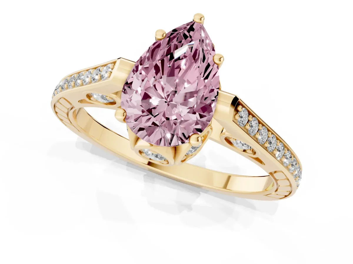 Fancy Pink Pear Cut Cut Cathedral Pave Diamond Engagement Ring with Six-Prong Setting Yellow gold
