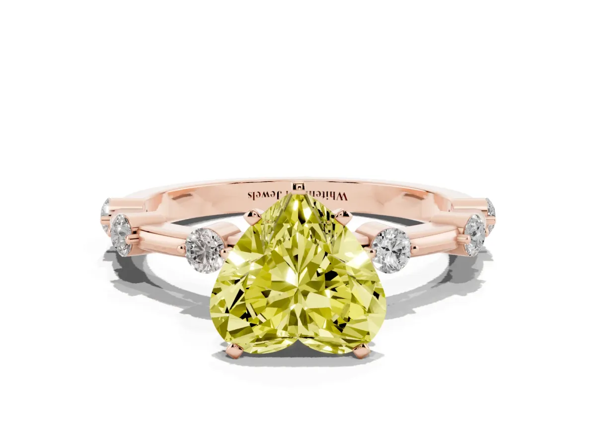 Fancy Yellow Heart Cut Solitaire Diamond Ring with Bezel Set Side Stones and Prong Setting Rose gold