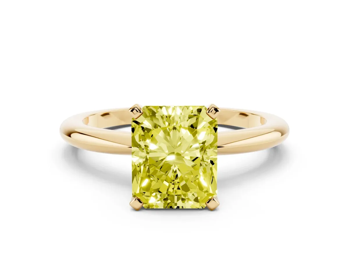 Fancy Yellow Radiant Cut Diamond Solitaire Ring with Prong Setting and Classic Band Yellow gold