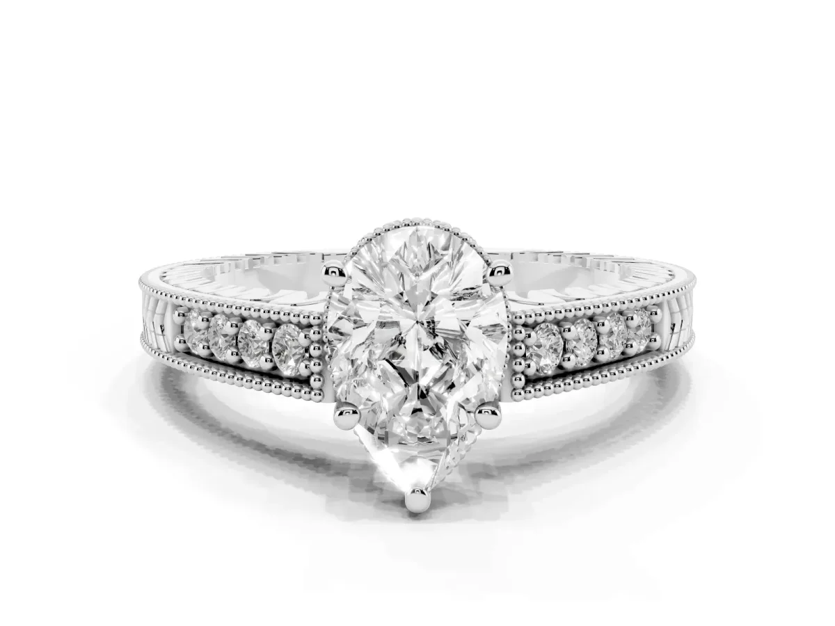 Pear Cut Solitaire Pavé Diamond Milgrain Engagement Ring with Four-Prong Setting Silver
