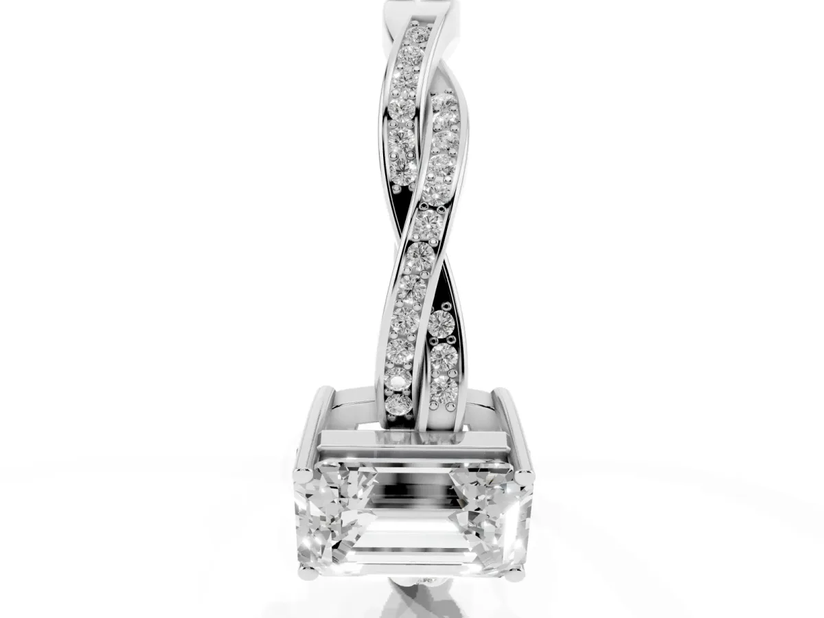 Emerald Cut Solitaire Twisted Pave Diamond Ring with Four-Prong Setting Silver