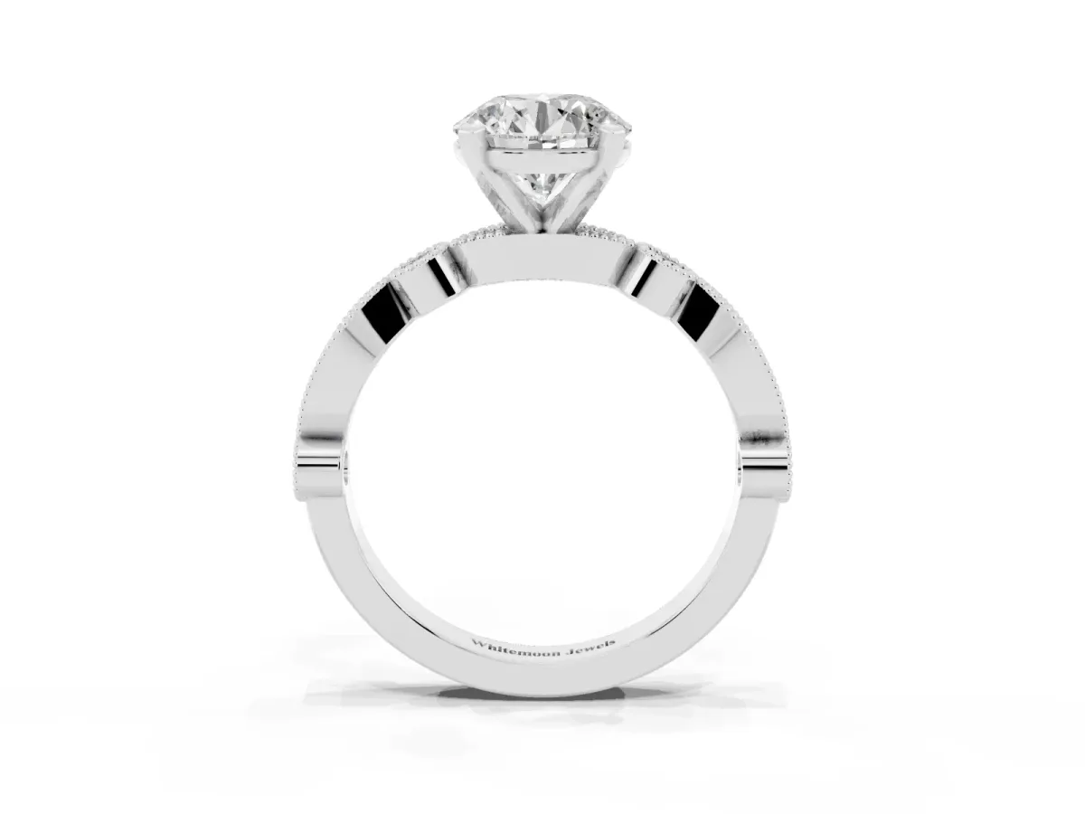 Round Cut Milgrain Bezel Diamond Engagement Ring with Solitaire Prong Setting Silver