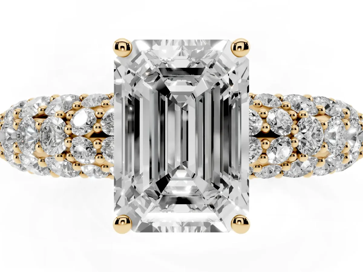Emerald Cut Diamond Pavé Band Solitaire Ring with Four-Prong Setting Yellow gold