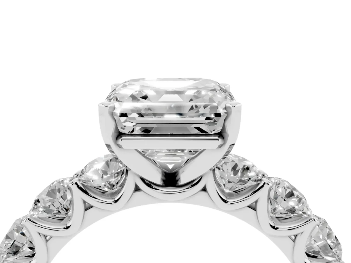 Asscher Cut Diamond Prong Setting with Side Stones on a Pave Band Silver