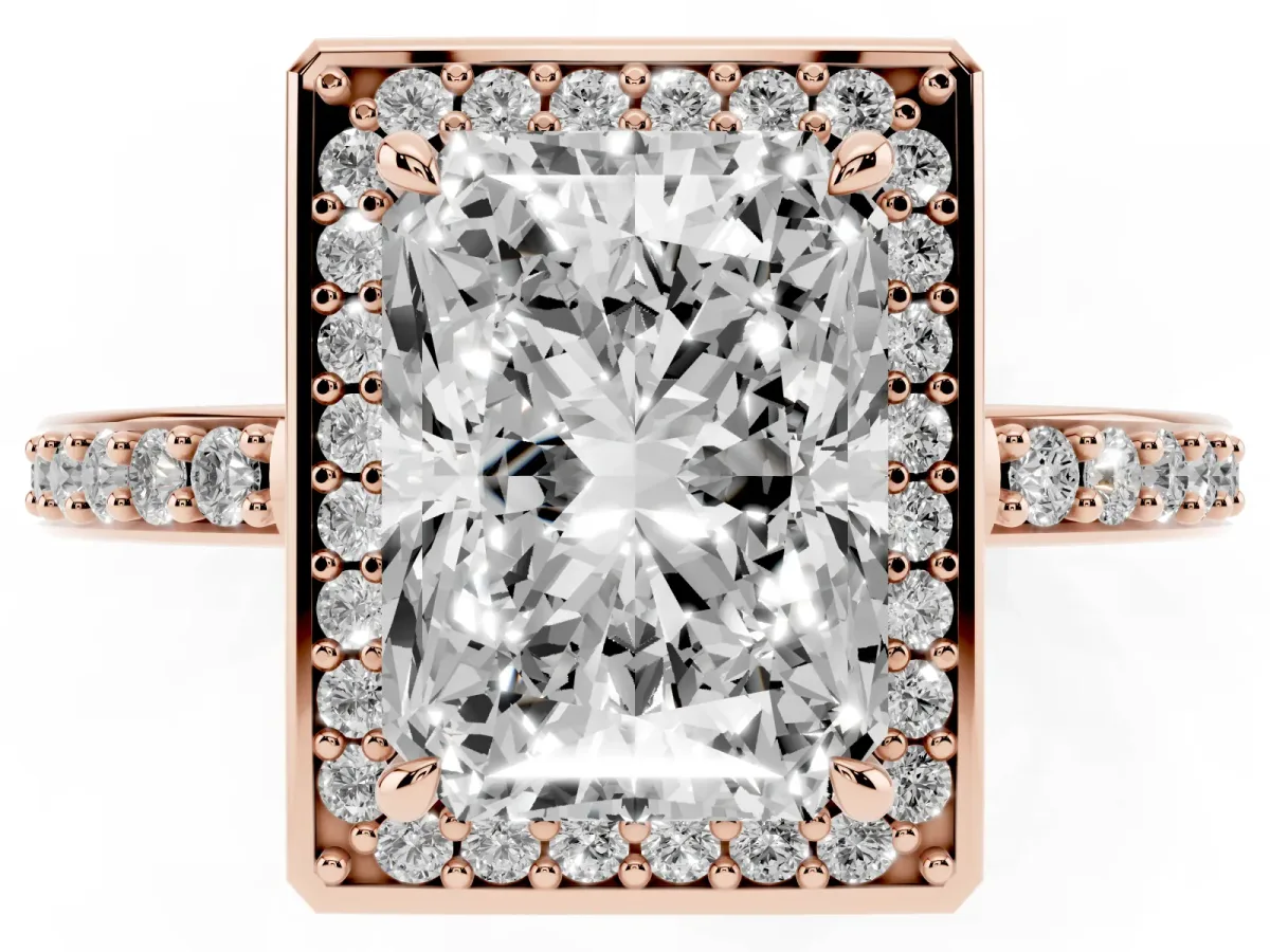 Radiant Cut Halo Pave Band Solitaire Ring with Prong Setting Rose gold