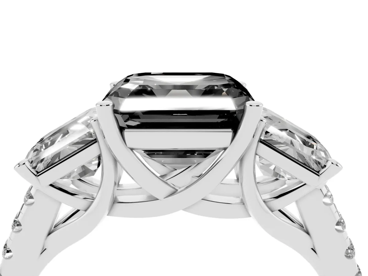 Fancy Black Three-Stone Asscher Cut Diamond Ring with Round Pavé Band and Prong Setting Silver
