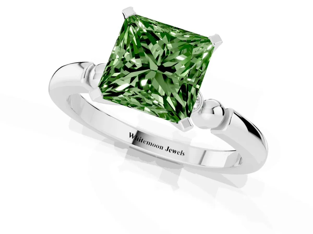 Fancy Green Princess Cut Solitaire Beaded Band with Four-Prong Setting Silver
