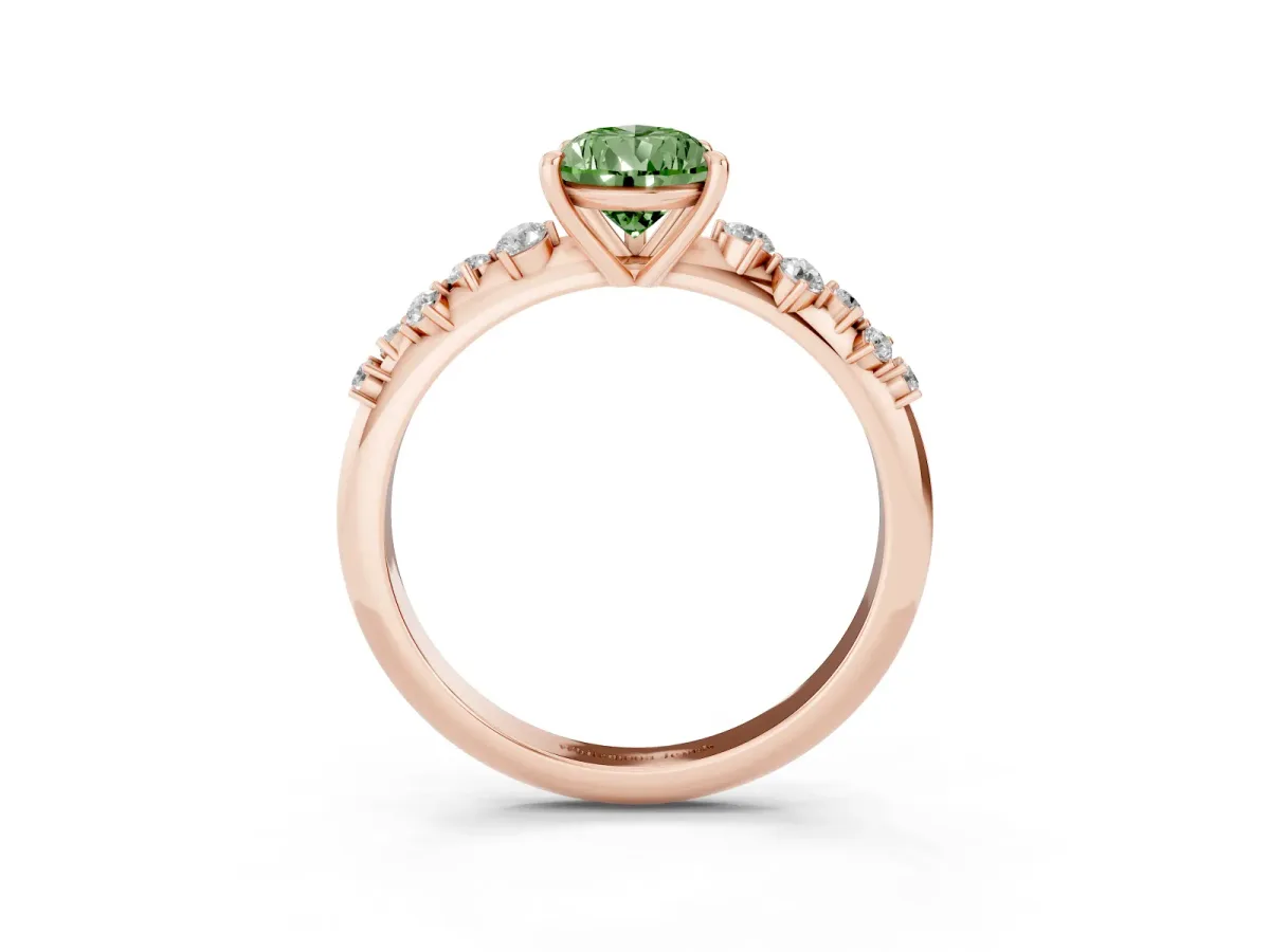 Fancy Green Pear Cut Diamond Cluster Side Stone Solitaire Ring with Prong Setting Rose gold