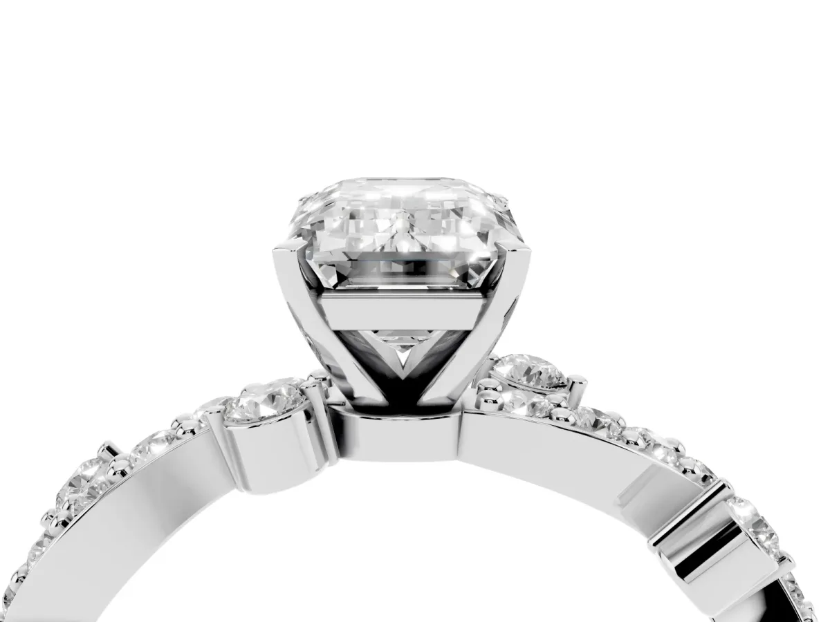 Emerald Cut Cut Solitaire Diamond Twisted Band with Pave Setting White gold