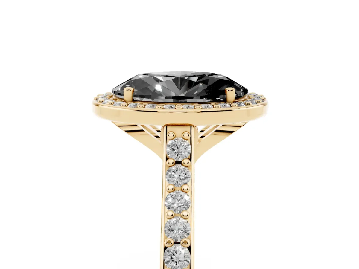 Fancy Black Oval Cut Diamond Halo Engagement Ring with Round Pavé Shoulders and Prong Setting Yellow gold