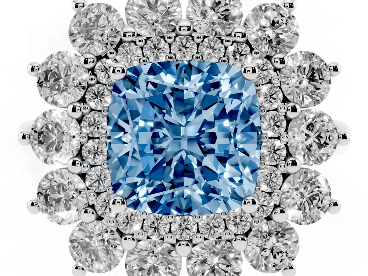 Fancy Blue Cushion Cut Diamond Floral Double Halo Engagement Ring with Prong Setting Platinum