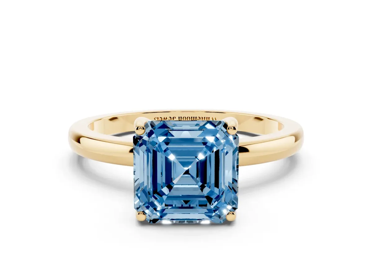 Fancy Blue Asscher Cut Solitaire Diamond Ring with Prong Setting and Plain Band Yellow gold