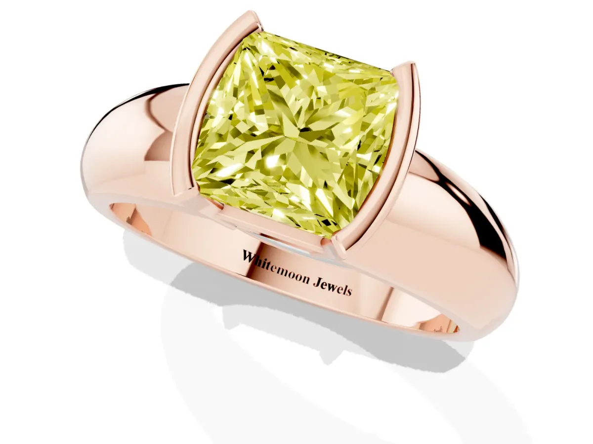 Fancy Yellow Princess Cut Solitaire Tension Set Diamond Ring with Wide Band Rose gold