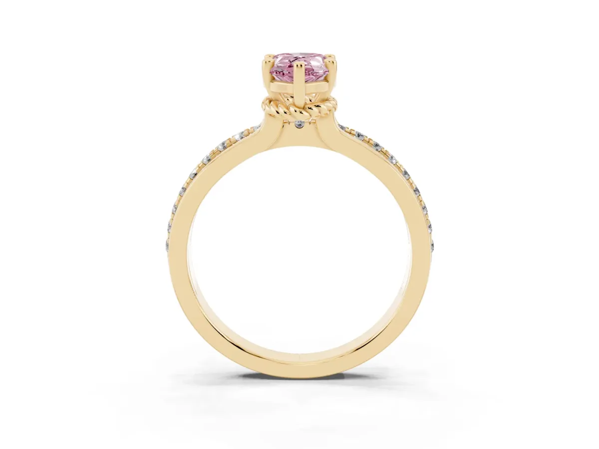 Fancy Pink Pear Cut Solitaire Diamond Ring with Channel Set Band and Six-Prong Setting Yellow gold