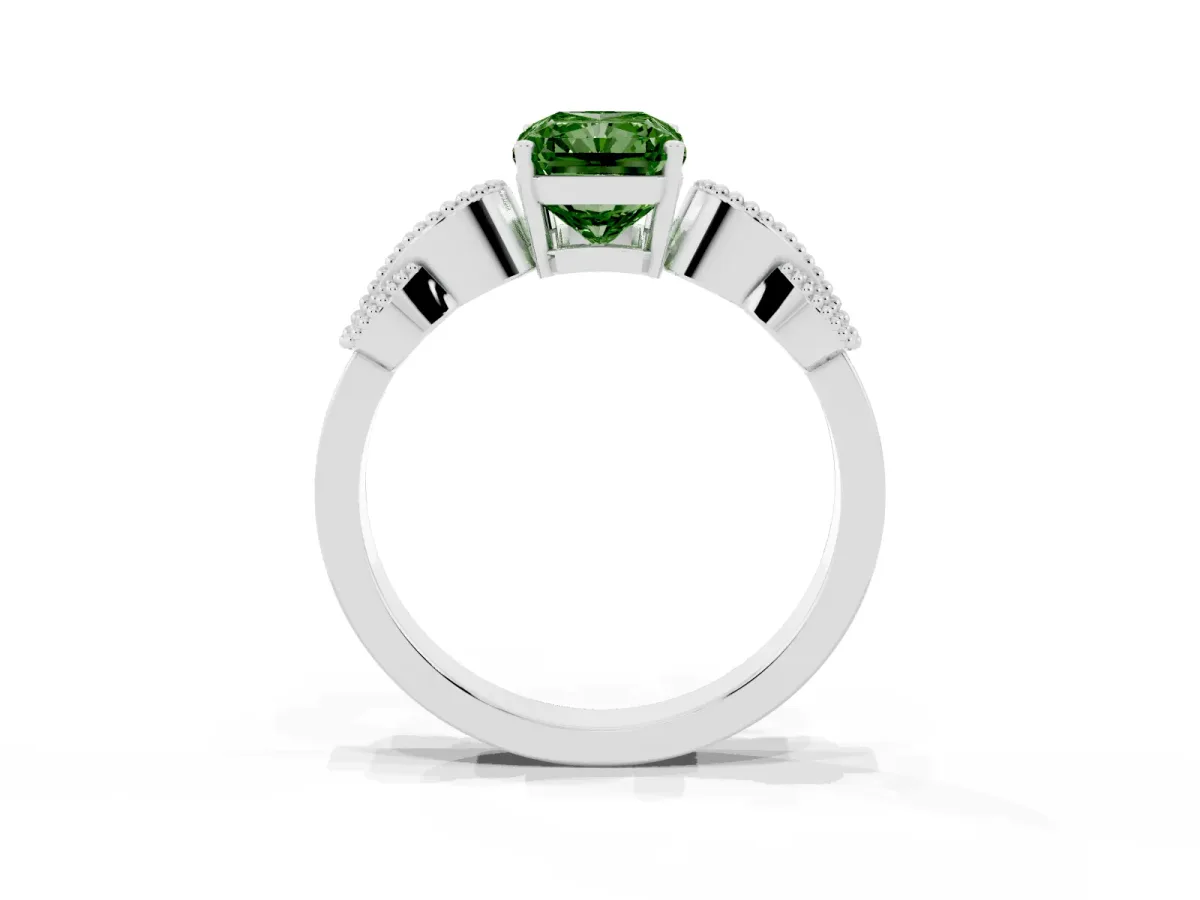 Fancy Green Princess Cut Solitaire Milgrain Leaf Band with Prong Setting Silver