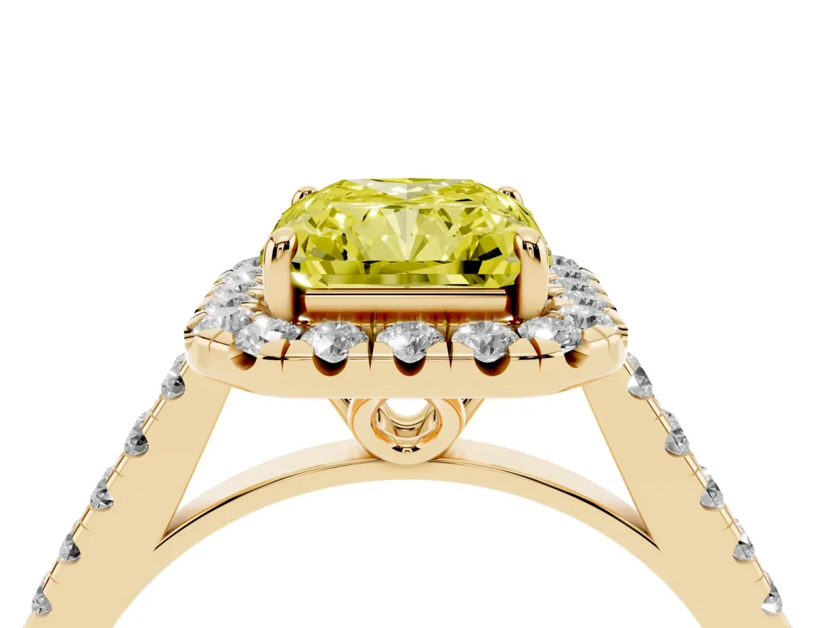 Fancy Yellow Radiant Cut Halo Pavé Diamond Engagement Ring with Four-Prong Setting Yellow gold