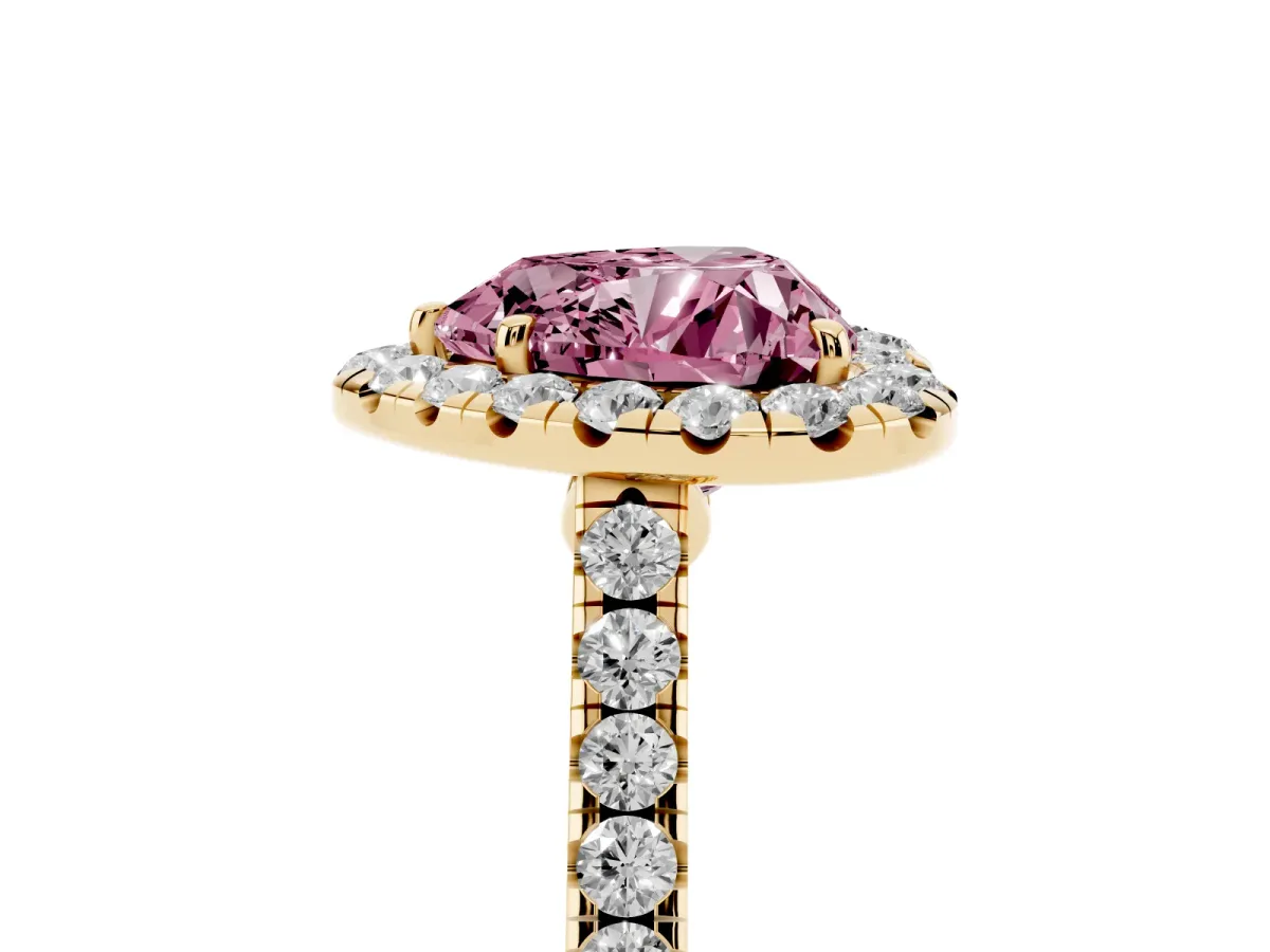 Fancy Pink Heart Cut Halo Pave Diamond Engagement Ring with Four-Prong Setting Yellow gold