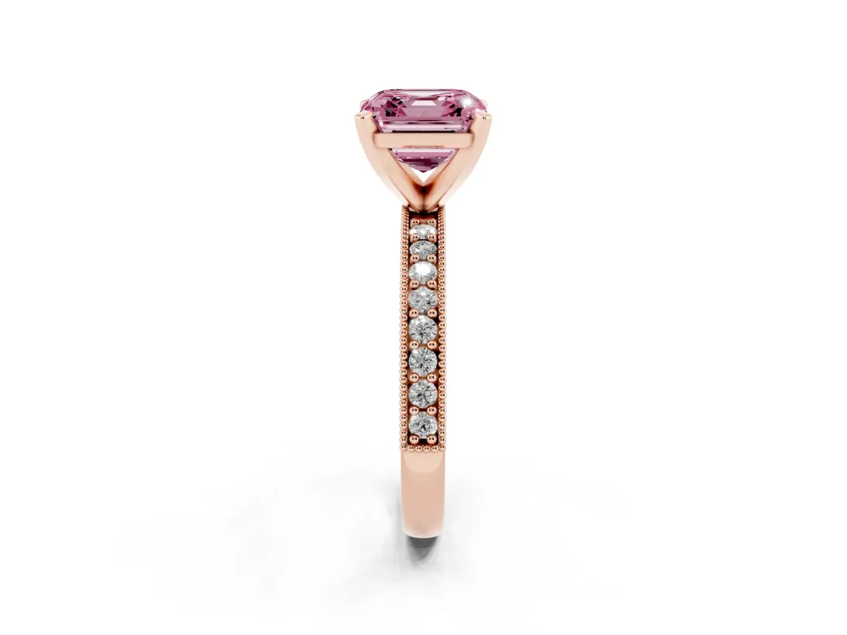 Fancy Pink Asscher Cut Diamond Milgrain Pavé Engagement Ring with Four-Prong Setting Rose gold